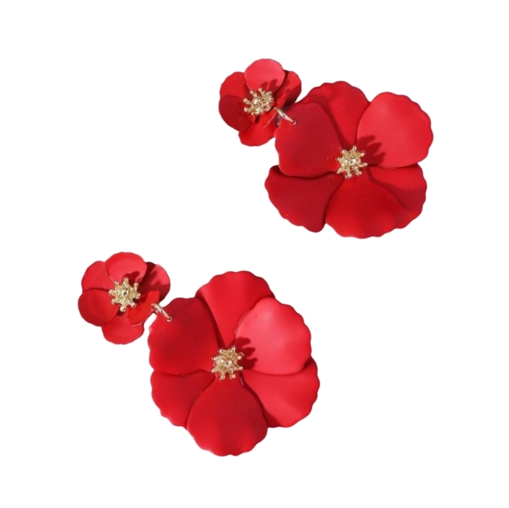 Red Poppy Double Flower Blossoms Earrings Big Ruby Floral Large Flowers Poppies